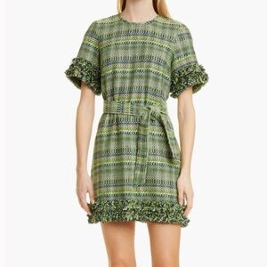 cinq a sept Green Tweed Mini Dress with Fringe Trim and Tie Belt